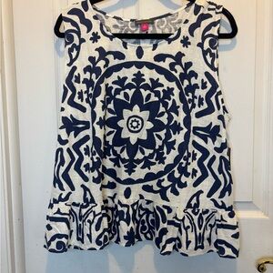 Vince Camuto Oceanside White & Navy Blue Linen Blend Sleeveless Top